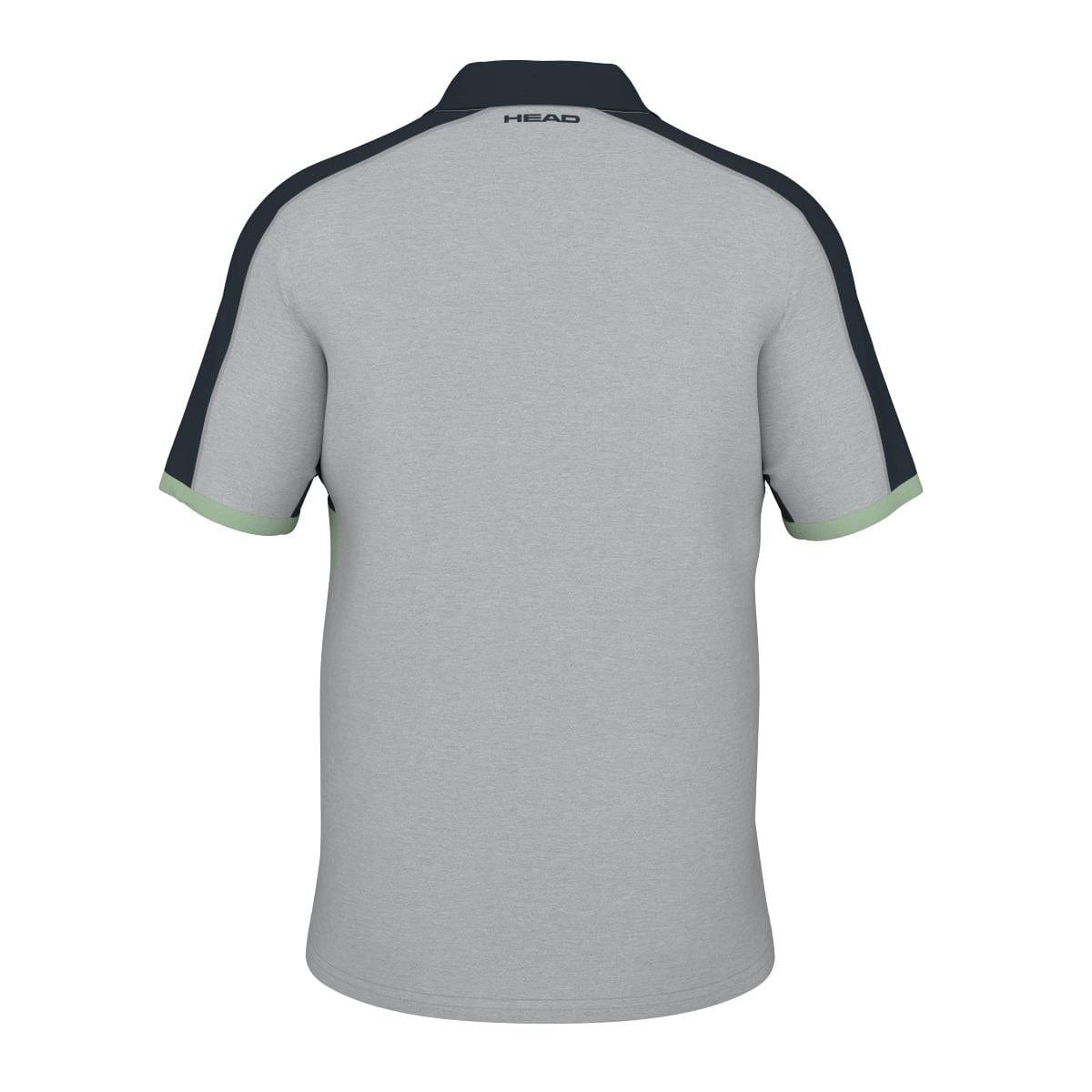 Back view of the HEAD Performance Play Tech Mens Polo Shirt - GRCE, showcasing dark sleeves with a contrasting green trim at the cuffs. Constructed from moisture-transfer microfiber for enhanced breathability, this polo features the HEAD logo discreetly placed at the top of the collar, adding a subtle touch to its sophisticated design.