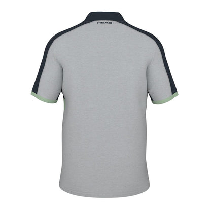 Back view of the HEAD Performance Play Tech Mens Polo Shirt - GRCE, showcasing dark sleeves with a contrasting green trim at the cuffs. Constructed from moisture-transfer microfiber for enhanced breathability, this polo features the HEAD logo discreetly placed at the top of the collar, adding a subtle touch to its sophisticated design.