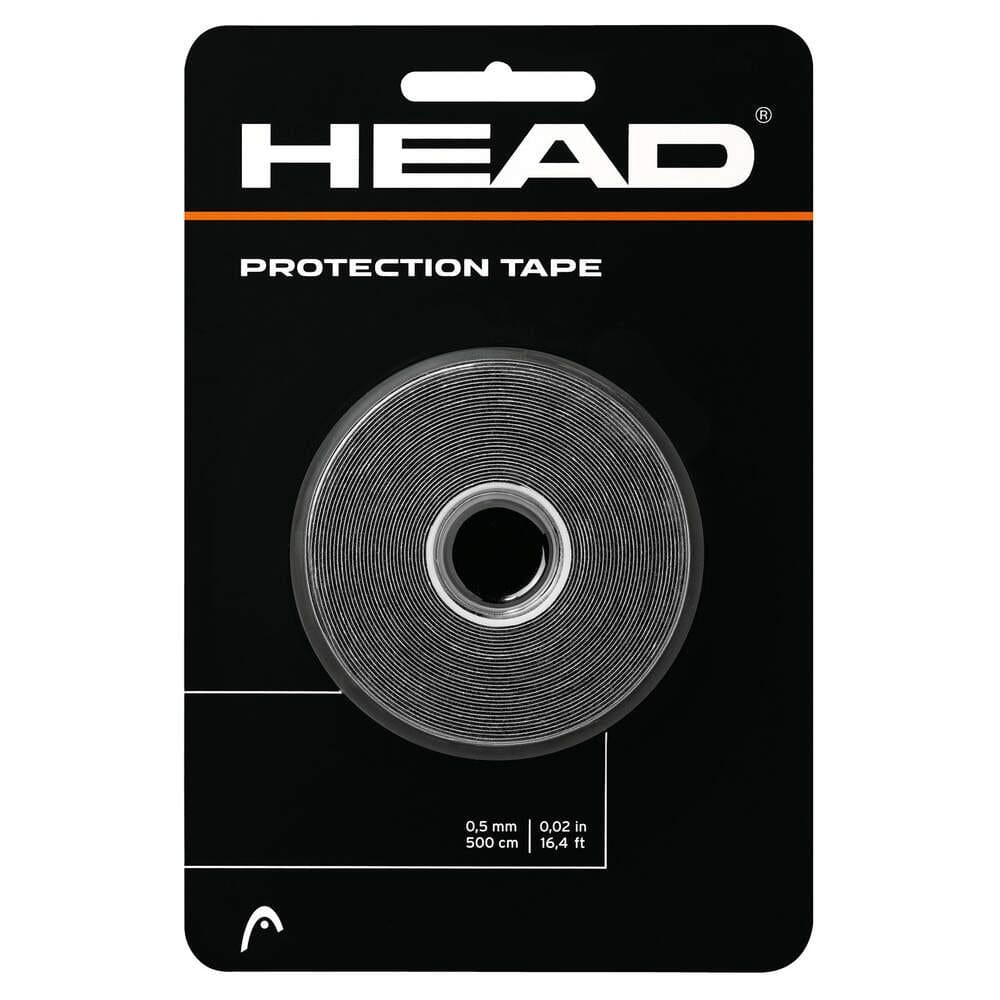 The packaging for the HEAD Racket Protection Tape - Black, by HEAD, features a transparent roll set against a sleek black background. The label emphasizes its dimensions: 0.5 mm thick and 500 cm (16.4 ft) long, using durable polyurethane adhesive tape for superior protection of your racket's head.