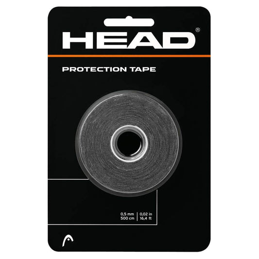 The packaging for the HEAD Racket Protection Tape - Black, by HEAD, features a transparent roll set against a sleek black background. The label emphasizes its dimensions: 0.5 mm thick and 500 cm (16.4 ft) long, using durable polyurethane adhesive tape for superior protection of your racket's head.