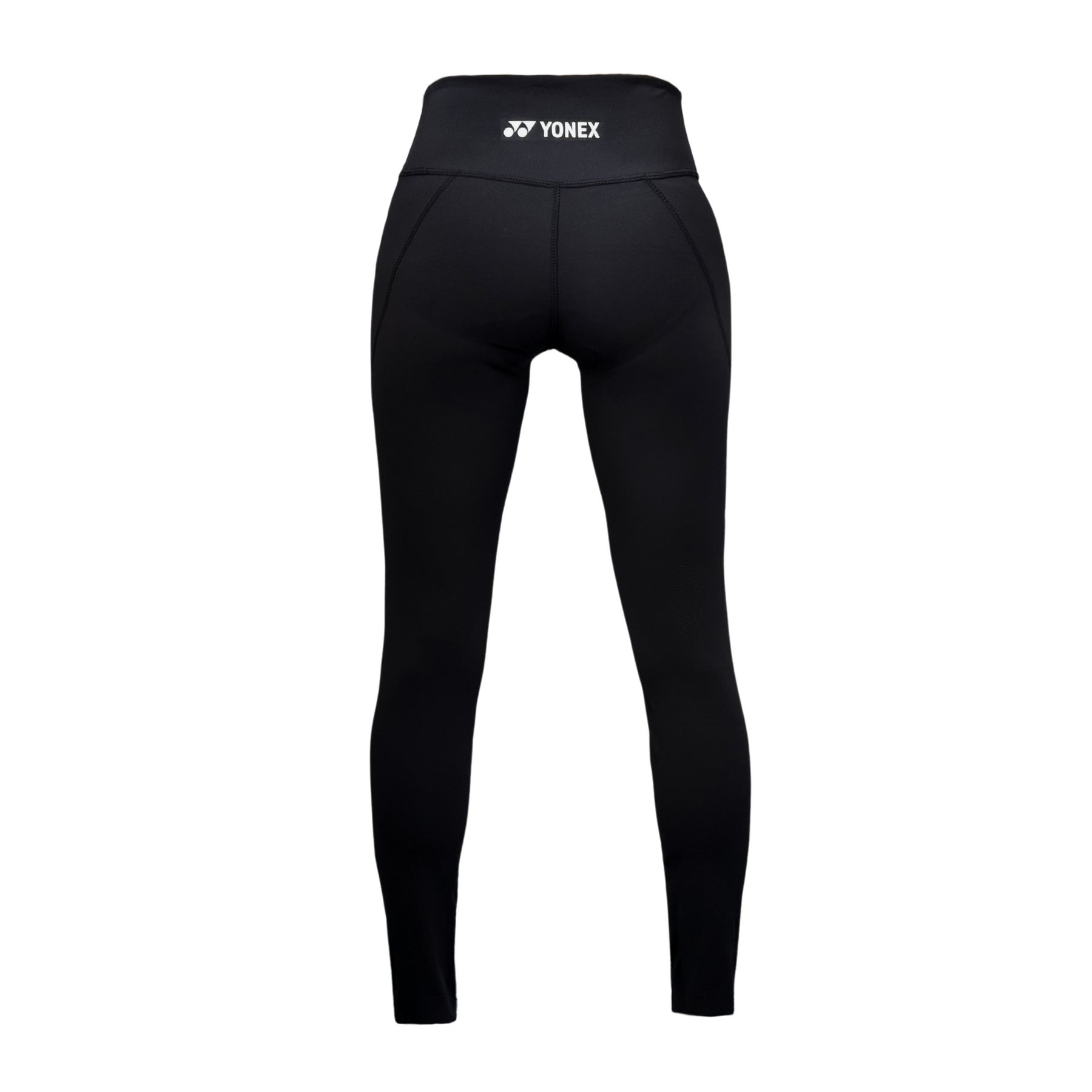 The Yonex YL2024 Women's Tennis Leggings in black showcase a sleek design with a high-rise waistband. The Yonex logo appears on the waistband, and they are made with moisture-wicking fabric for superior comfort during play.