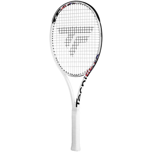 The Tecnifibre TF-40 305 18x20 Tennis Racket in white is ideal for advanced players seeking ultimate control. It features a black and red design with the brand logo printed on the strings and "Tecnifibre" inscribed on the shaft. The handle is equipped with a white grip, and the racket stands upright against a plain background.