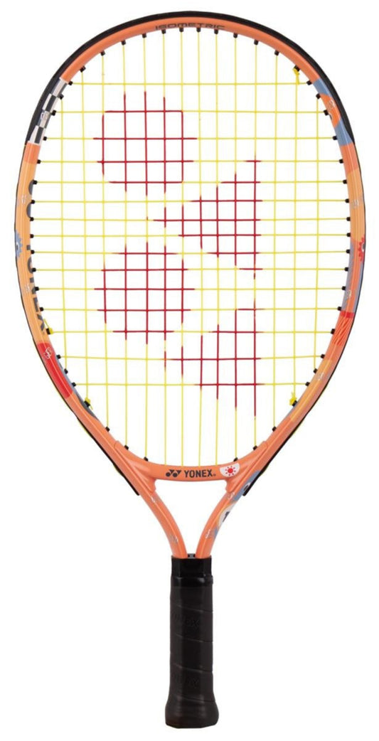 The Yonex Junior 19 Tennis Racket features an aluminum frame, black grip, and coral orange design. Its yellow and red strings complement the gradient orange fade near the top, prominently displaying the Yonex logo.