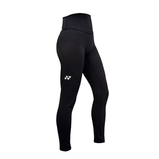 The Yonex YL2024 Women's Tennis Leggings in Black feature a high-rise waistband and a logo on the upper left thigh. Made by Yonex from moisture-wicking fabric, they're ideal for sports or casual wear and displayed against a white background.