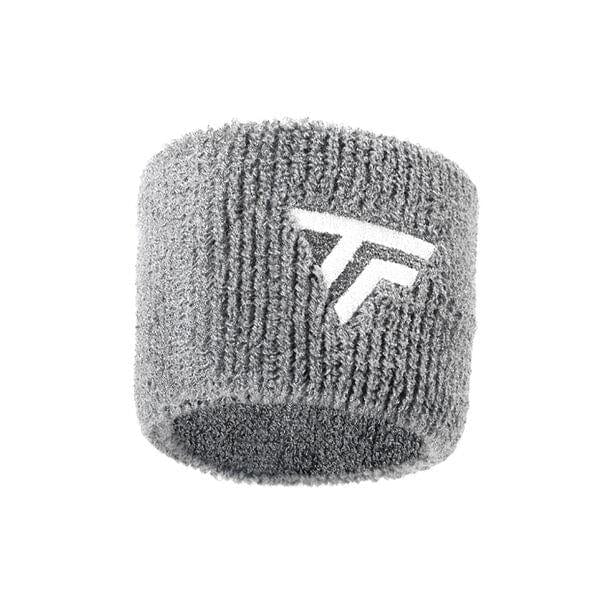 The silver Tecnifibre Tennis Wristband Sweatband 2 Pack features a gray fuzzy material with a white stylized "T" logo embroidered on it. The sweatband appears soft, plush, and highly absorbent.