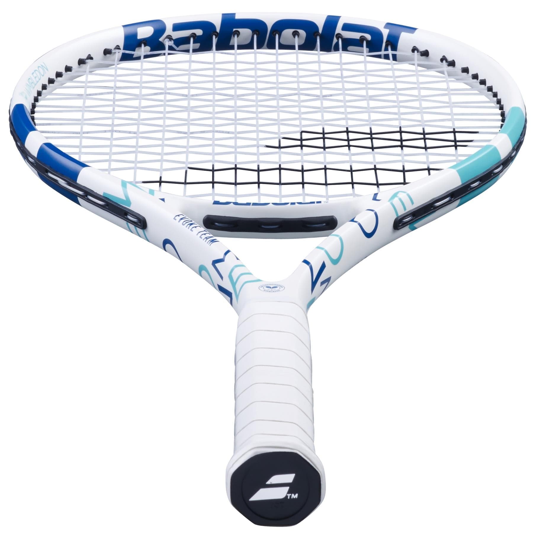 A close-up of the Babolat Evoke Team Wimbledon tennis racket—ideal for beginners and designed by Babolat—showcases its white frame adorned with blue patterns. The racket features a white grip, with the brand's logo prominently displayed on the strings and handle. Positioned at an angle on a minimalist background, it's perfect for newcomers hitting the court.