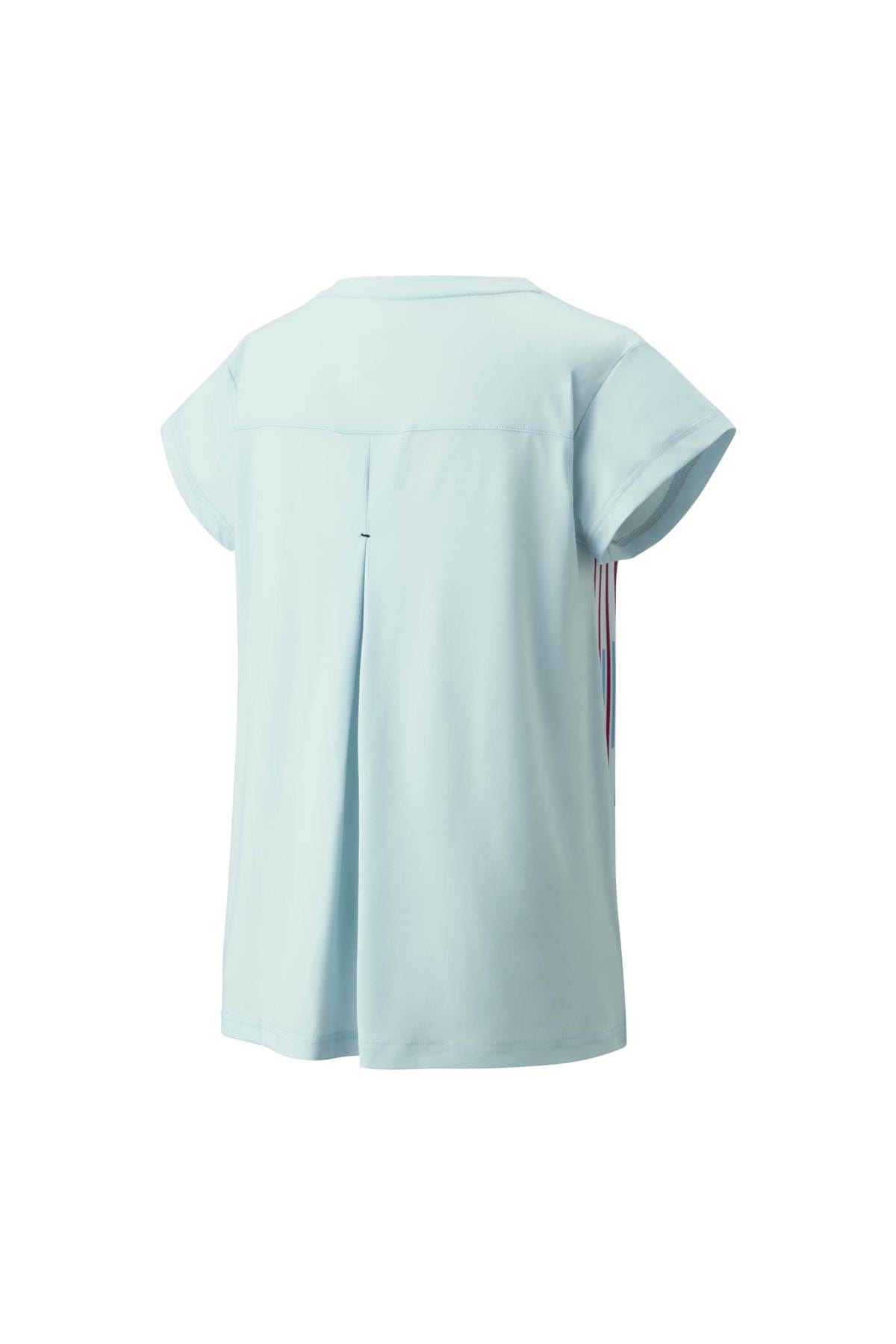 The Crystal Blue Yonex 20764 Crew Neck Women's Tennis T-Shirt is displayed from the back, featuring a center pleat and multicolored striped accents on the sides. Ideal for tennis enthusiasts, this t-shirt incorporates VeryCool technology to provide comfort and UV protection.