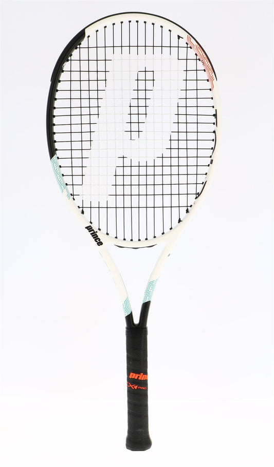 A tennis racket featuring a black grip, white frame, and black strings with a large "P" logo for the Prince Tour 100L design. Enhanced by TeXtreme technology, the brand name "Prince" is elegantly displayed on its plain white frame.