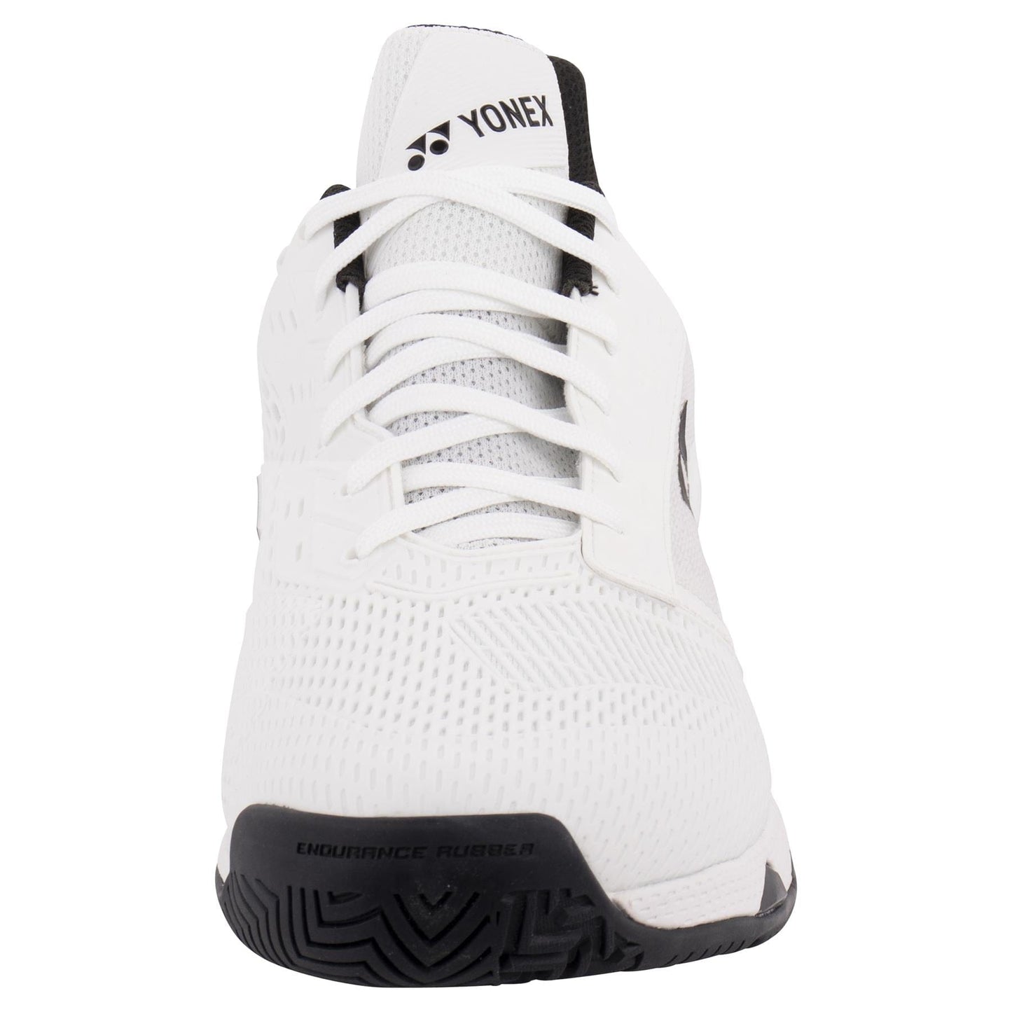 Front view of the white Yonex Power Cushion Ad-Accel Men's Tennis Shoes, highlighting Accel-Booster technology. The design includes a lace-up closure, breathable perforated mesh, and a black sole branded with "Endurance Rubber" text for enhanced speed.