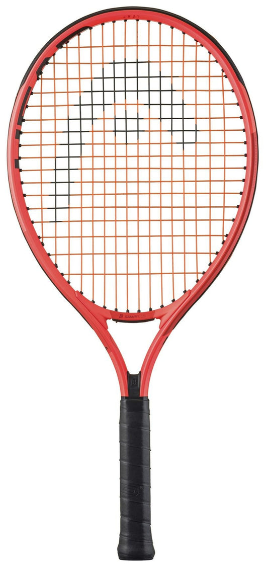 The HEAD Radical Junior 21 2025 Tennis Racket features an orange frame with a black handle and strings, showcasing the distinctive curved logo. Its sleek design with DampPlus technology is elegantly displayed vertically against a plain white background.