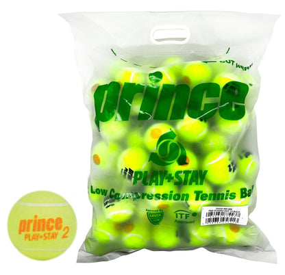 A clear bag containing yellow-green Stage 2 Tennis Balls labeled "Prince Play & Stay" offers lower compression for optimal play. The bag features logos indicating USTA and ITF approvals, while each ball is marked with "prince PLAY+STAY 2" in red text.