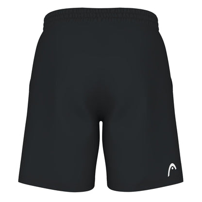 The HEAD Vision Power Men's Tennis Shorts in black, made by HEAD, are crafted with a 4-way stretch fabric and include an elastic waistband and a subtle white logo on the lower left leg. These performance-driven athletic shorts feature Moisture Transfer Microfiber to ensure comfort during rigorous workouts.