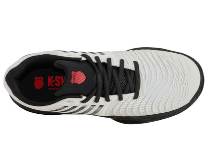 Top view of the K-Swiss Express Light 3 men's tennis shoe in black and white with textured design, black laces, and red interior branding. Equipped with a DuraWrap Flex sole for optimal traction.