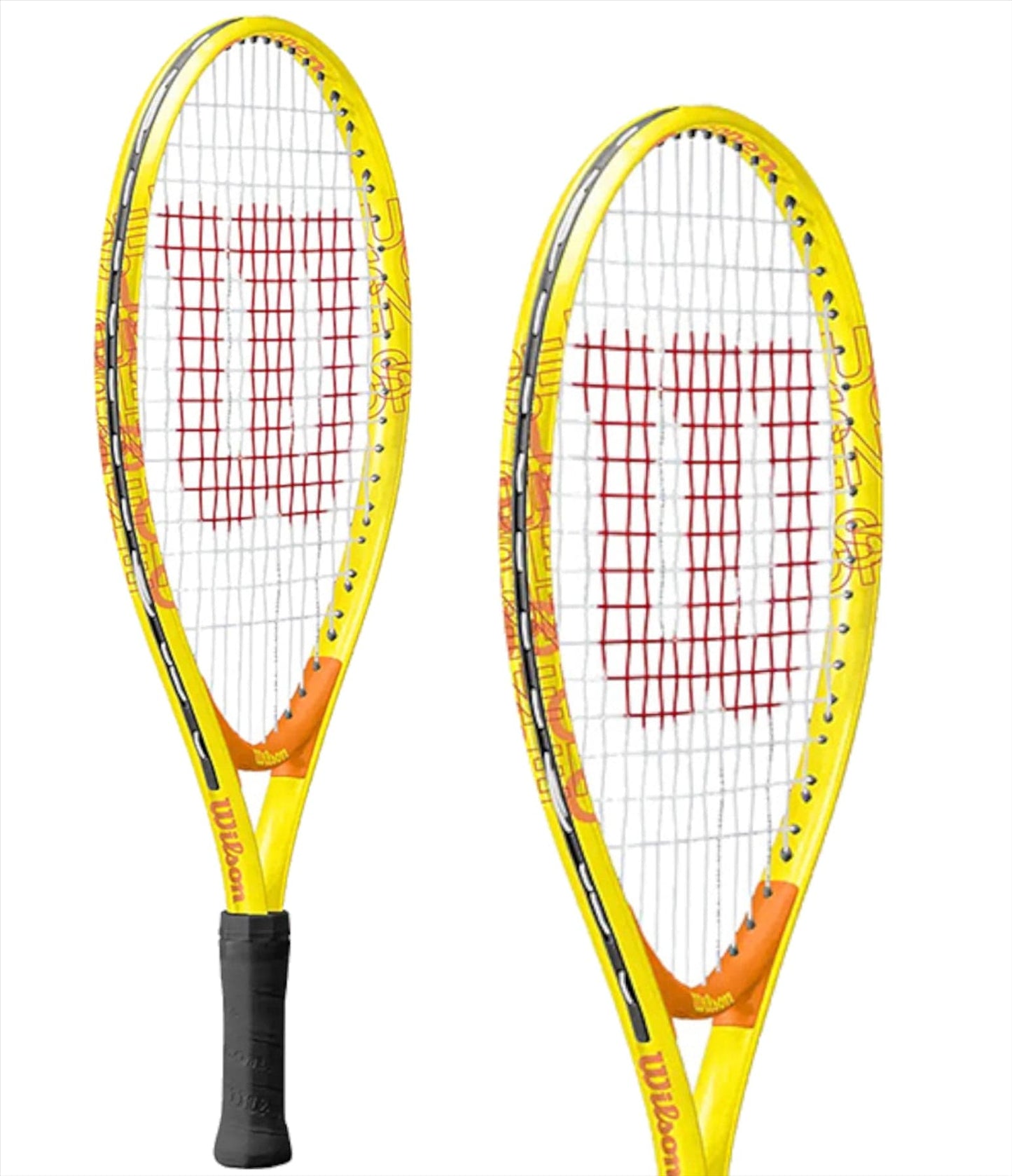 Wilson US Open 19 Junior Tennis Racket, featuring a yellow frame with red strings and a prominent "W" logo, crafted for young players. The AirLite frame includes orange and black details, complemented by a handle wrapped in black grip tape. The racket is displayed from two angles against a white background.