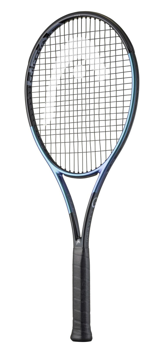 The HEAD Gravity Pro 2025 Tennis Racket in black features a textured grip, tightly strung strings, and prominent branding. With Auxetic 2.0 technology, it offers an expansive sweetspot for superior playability and dark blue accents on its frame.