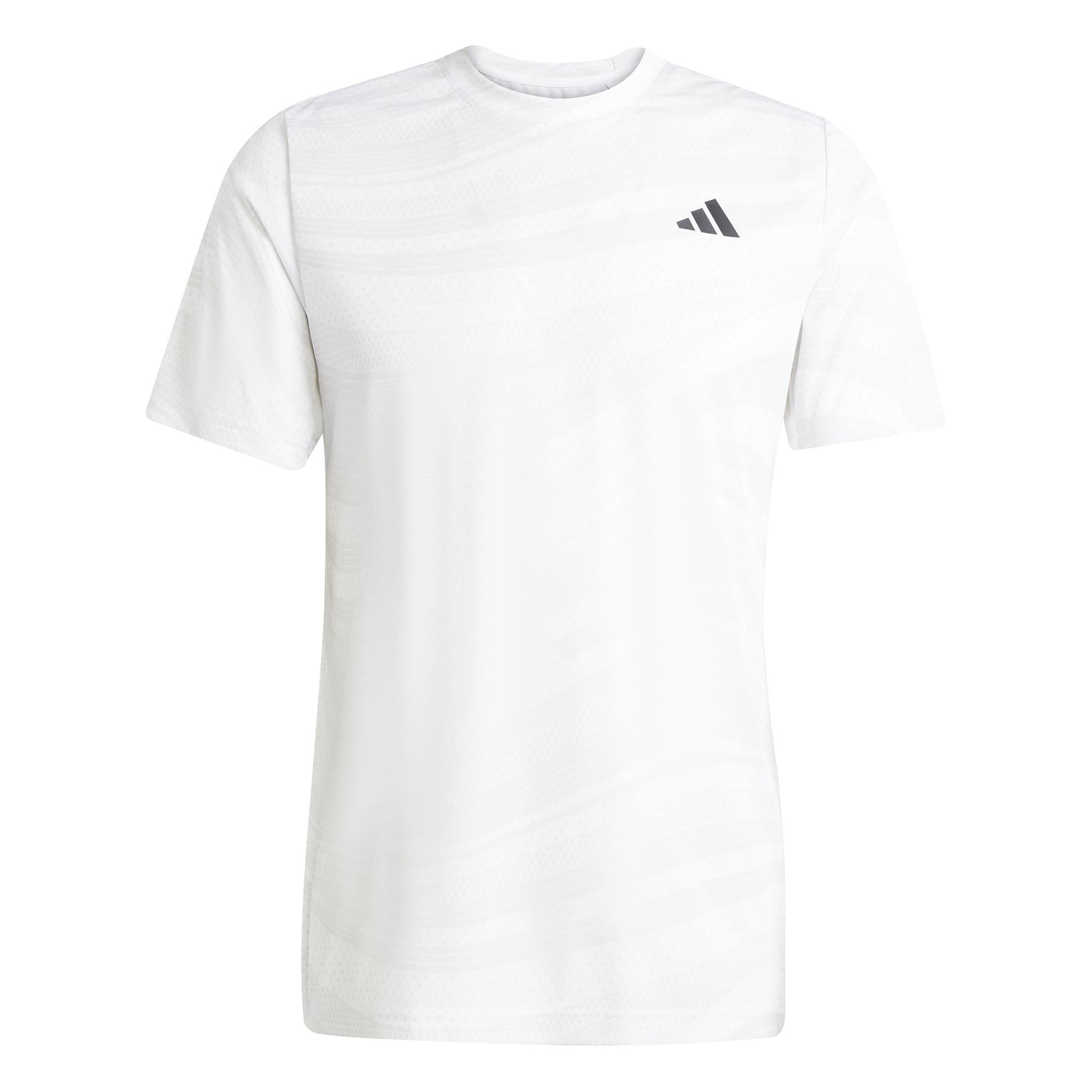 Presenting the ADIDAS Men's Club Graphic Tennis T-Shirt in White/Grey. Made from 100% recycled materials, this short-sleeve tee features a subtle textured pattern, a small dark logo on the upper right chest, and AEROREADY tech for comfort.