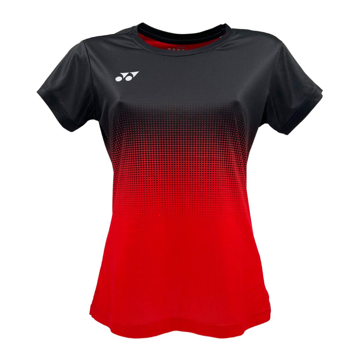 The Yonex YTL5 Women's Tennis T-Shirt in Red/Black features a gradient, pixelated design with moisture-wicking polyester for enhanced performance, seamlessly blending black to red, and displaying a sleek logo on the chest.