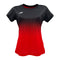 The Yonex YTL5 Women's Tennis T-Shirt in Red/Black features a gradient, pixelated design with moisture-wicking polyester for enhanced performance, seamlessly blending black to red, and displaying a sleek logo on the chest.