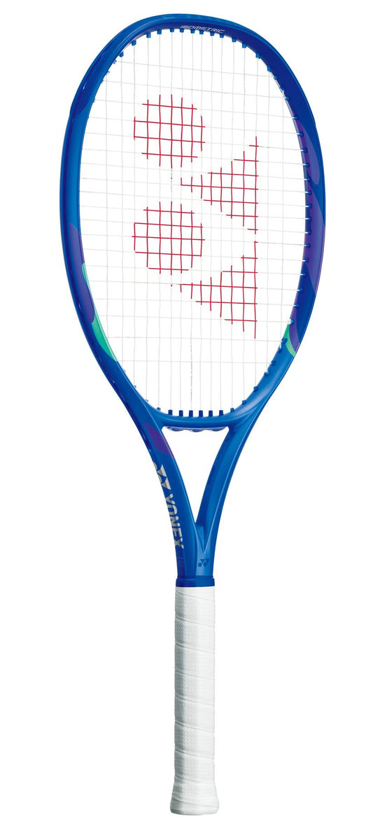 The Yonex EZONE 105 2025 Tennis Racket in Blast Blue is ideal for intermediate players, featuring a modern design and boasting white strings with a striking red pattern plus a white handle.