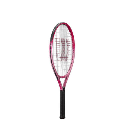 The Wilson Burn Pink 23 Junior Tennis Racket from Wilson is a lightweight choice that showcases a pink and black design. It includes a black grip and strings arranged in a grid pattern within its sturdy oval frame, making it perfect for junior players starting their tennis journey.