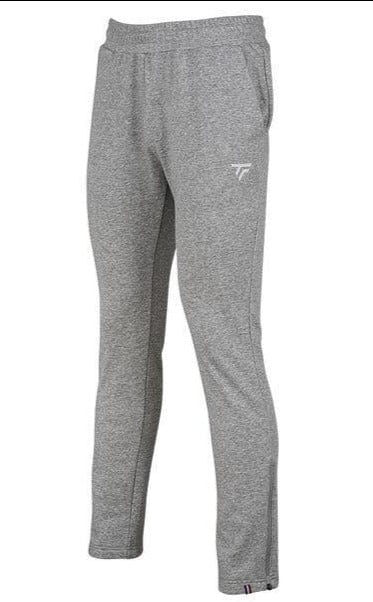 Tecnifibre Unisex Team Tennis Pants in silver feature an elastic waistband and a small logo on the upper left thigh. Made from cotton, these pants provide a slim fit ideal for team matches and are displayed against a white background.