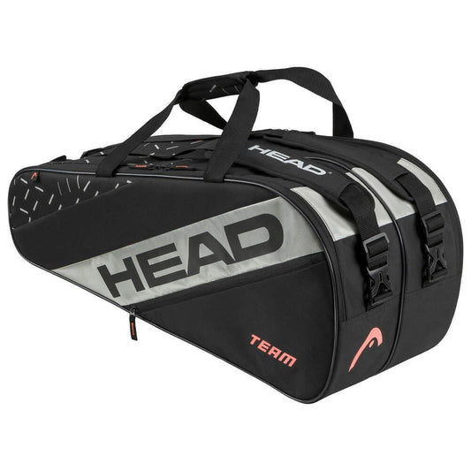 The HEAD Team 9 Tennis Racket Bag L - BKCC combines style and sustainability with its elegant black and gray design, featuring the "TEAM" branding and a discreet logo on the side. Made from recycled materials, it offers a convenient 2-way carry system and multiple compartments for practical functionality on the court.