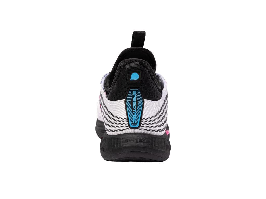 Rear view of the K-Swiss Speedtrac Indoor Court Shoes in White, Black, and Neon Pink features a blue and black tag on the heel, a black loop for easy wearing, and pink accents on the sides. Its lightweight midfoot support enhances the design. The sole is black with K-Swiss branding.