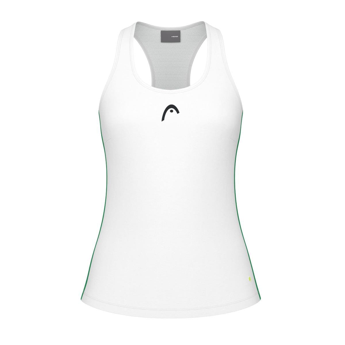 The HEAD Spirit Women's Tennis Tank Top - White, by brand HEAD, is a sleeveless athletic top that showcases thin green side stripes and a small black logo on the chest. Crafted with a racerback design to enhance freedom of movement, it also features Moisture Transfer Microfibre technology for optimal coolness and comfort.