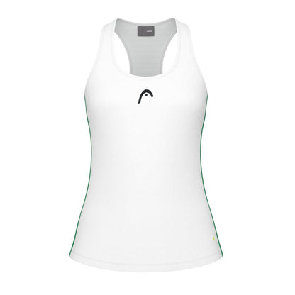 The HEAD Spirit Women's Tennis Tank Top - White, by brand HEAD, is a sleeveless athletic top that showcases thin green side stripes and a small black logo on the chest. Crafted with a racerback design to enhance freedom of movement, it also features Moisture Transfer Microfibre technology for optimal coolness and comfort.