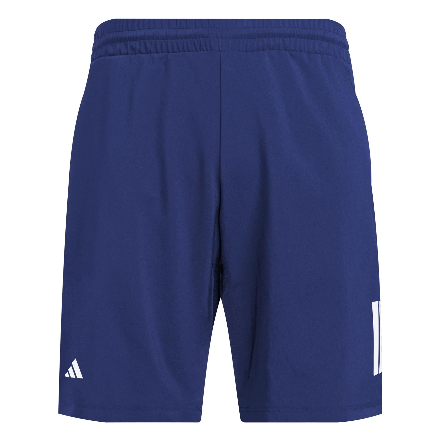 The ADIDAS Men's 3 Stripe Tennis Shorts in navy feature a white adidas logo on the left leg, classic three stripes on the right leg, an elastic waistband, and AEROREADY technology for moisture-wicking comfort—ideal for any adidas Club enthusiast.