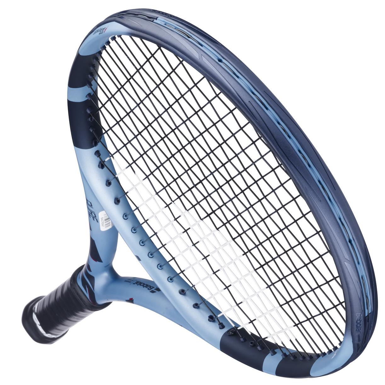 The Babolat Pure Drive Junior 26 Gen 11 Tennis Racket in dark blue flaunts a netted string pattern and ergonomic handle, providing players power and precision with its sleek design.