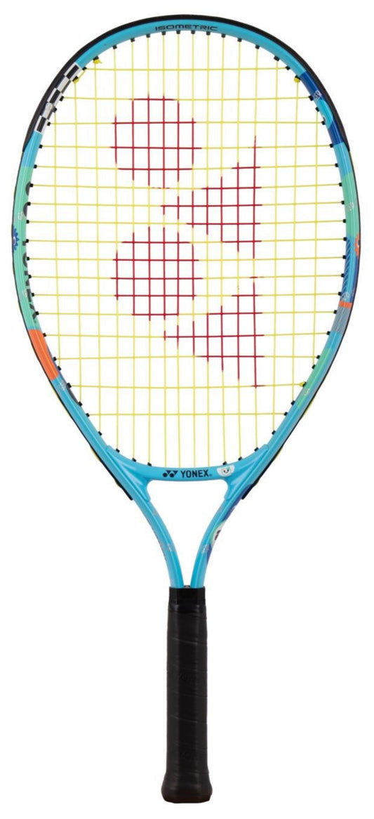 The Yonex Junior 23 Tennis Racket - Ocean Blue, ideal for young athletes, features a blue frame, black grip, multicolored strings with a red logo, and orange accents set against a white backdrop.