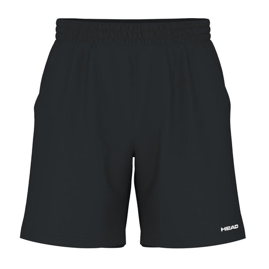 Introducing the HEAD Vision Power Men's Tennis Shorts in Black: These athletic shorts are designed with a 4-way stretch fabric and a comfortable elastic waistband. The word "HEAD" is subtly printed in white on the lower right leg, making them perfect for intense workouts with their advanced Moisture Transfer Microfiber technology.