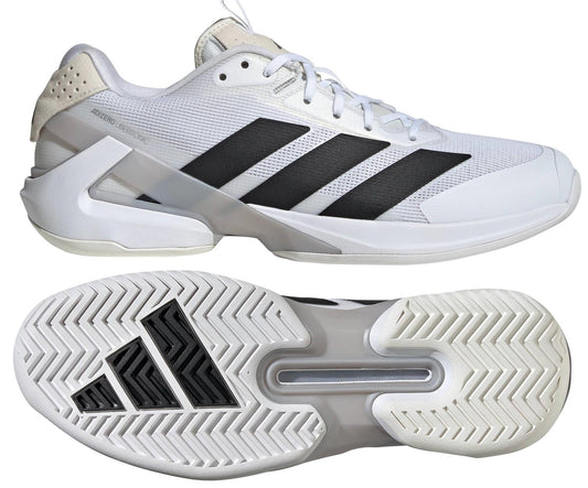 A pair of adidas Adizero Ubersonic 5 men's tennis shoes in white with black stripes and a textured sole. The top shoe displays a lightweight mesh upper from the side, while the bottom shoe showcases the tread pattern underneath.