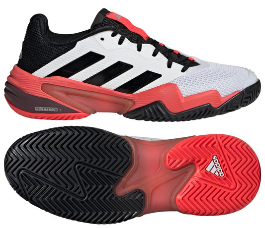 Check out the ADIDAS Barricade 13 men's tennis shoes by adidas, styled in white, black, and red. They feature three black stripes on the side and a herringbone-patterned sole for outstanding grip, with the Torsion System ensuring top-notch athletic performance.