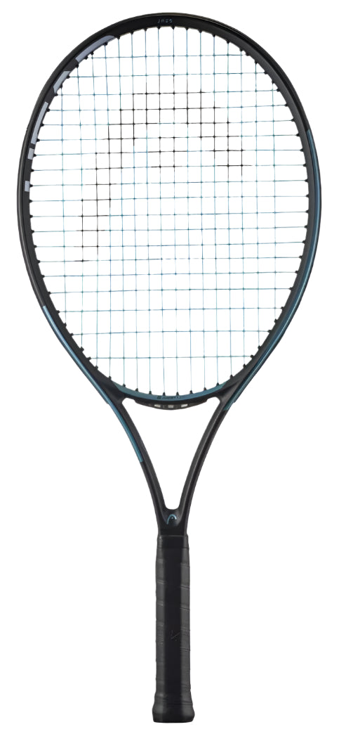 The HEAD Gravity Junior 25 2025 Tennis Racket - Black boasts a sleek modern design with a black frame, blue accents, and grid-patterned strings. The handle features a black grip for a firm hold, and auxetic technology ensures superior control on the court.