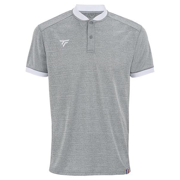 The Tecnifibre Mens Team Tennis Mesh Polo Shirt - Silver is crafted with a silver polyester mesh showcasing a subtle pattern, accented by a white collar and sleeve cuffs. Its breathable design is completed with a small logo on the left chest.