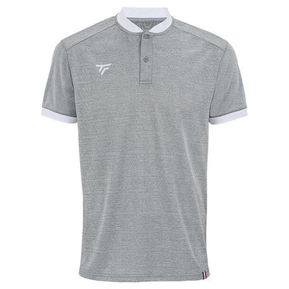 The Tecnifibre Mens Team Tennis Mesh Polo Shirt - Silver is crafted with a silver polyester mesh showcasing a subtle pattern, accented by a white collar and sleeve cuffs. Its breathable design is completed with a small logo on the left chest.