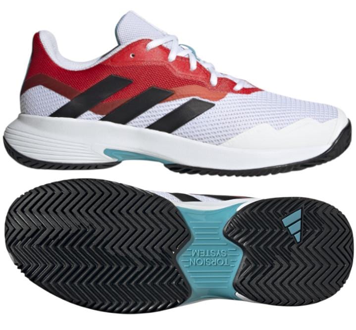 The adidas CourtJam Control Men's Tennis Shoes in White and Red showcase an engineered mesh upper with signature black stripes and a vibrant red gradient along the sides. They are designed with a black zigzag outsole incorporating an advanced blue torsion system and are equipped with Bounce cushioning for superior comfort.