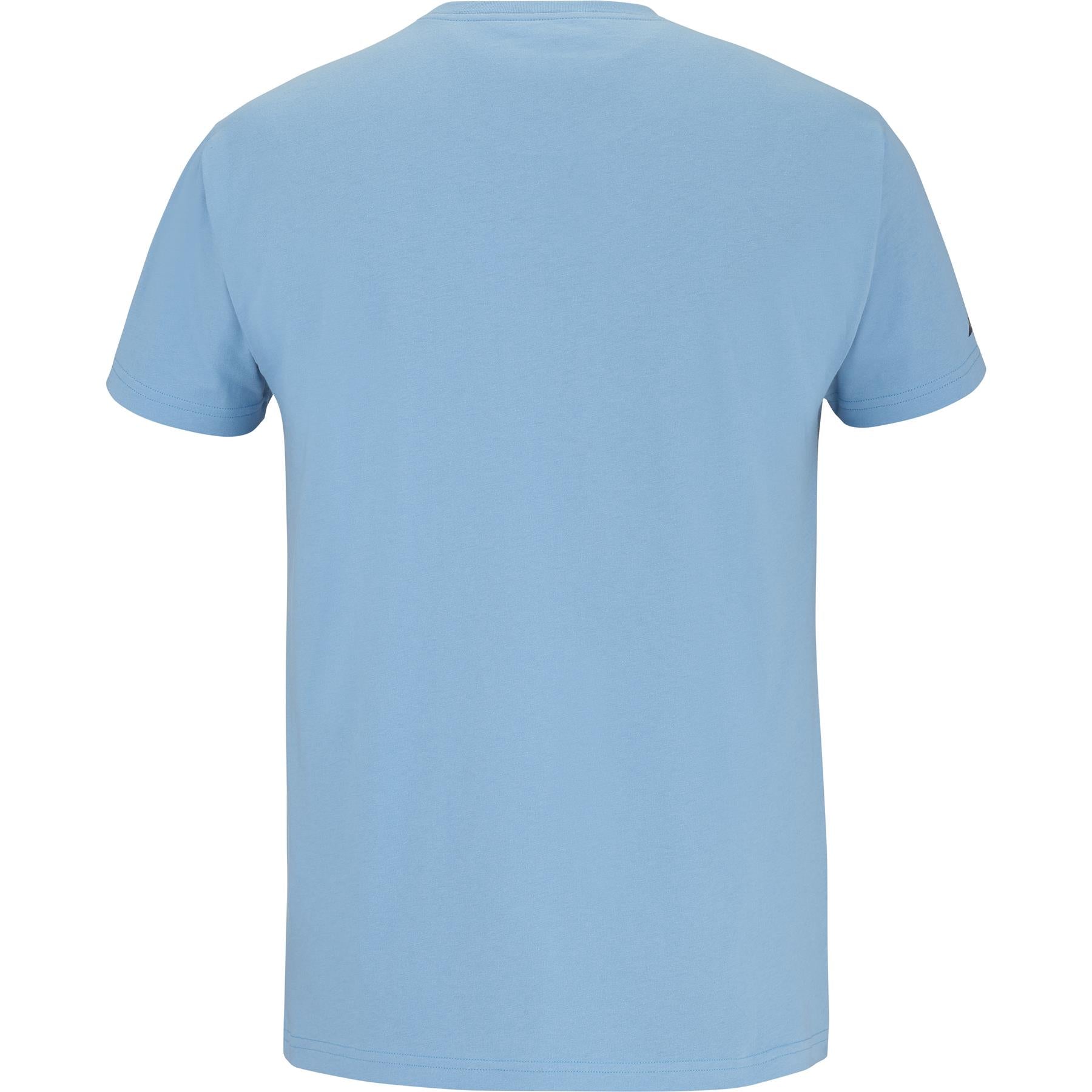 Back view of the Babolat Drive Unisex Cotton T-Shirt in blue, featuring a plain design with short sleeves. Ideal for fans of the simple Pure Drive style, it has no visible patterns or logos.