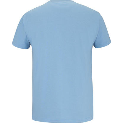 Back view of the Babolat Drive Unisex Cotton T-Shirt in blue, featuring a plain design with short sleeves. Ideal for fans of the simple Pure Drive style, it has no visible patterns or logos.