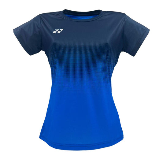 The Yonex YTL5 Women's Tennis T-Shirt in Royal/Navy features moisture-wicking polyester, a blue-to-navy gradient, and a small white logo on the chest, highlighting advanced fabric technology for superior performance and comfort.