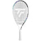 The Tecnifibre Tempo 23 Junior Tennis Racket is ideal for young players, boasting a large head and an eye-catching white design. With strings forming a geometric pattern and blue and green accents on the frame, it is complemented by a handle wrapped in white grip tape.