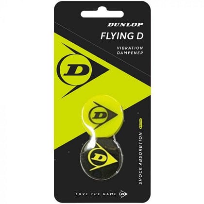 The packaging for the Dunlop Flying D Tennis Vibration Dampener - Yellow / Black by Dunlop features two circular dampeners constructed from premium silicone, visible through a clear section. The bold yellow and black design highlights "Shock Absorption" and motivates you to "Love the Game.