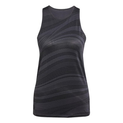 Black and gray patterned sleeveless workout tank top with a round neckline and wavy stripe design, made from recycled materials. Front view on a white background, reminiscent of the stylish adidas Women's Club Graphic Tennis Tank Top in Black.