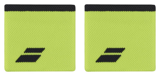 The Babolat Logo Wristbands in Aero Grey feature a contrasting color stripe at the top and a subtle logo pattern at the bottom, making them an effective and absorbent sports accessory.