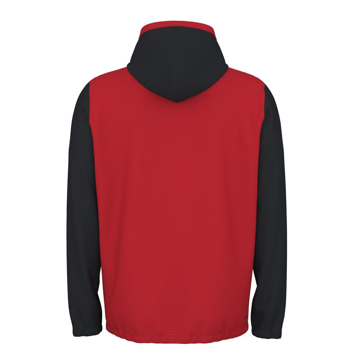 The HEAD Vision Topspin Men's Tennis Hoodie - BKXV is a sleek red and black hooded sweatshirt, designed to be stylishly viewed from the back. Featuring a striking red main body paired with contrasting black sleeves and hood, this hoodie utilizes Moisture Transfer Microfibre technology for optimal comfort both on and off the tennis court.