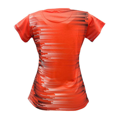 The Yonex YTL7 Women's Tennis T-Shirt in light coral features short sleeves and a dynamic pattern of horizontal black and white pixelated lines on the back. With moisture-wicking technology, it ensures comfort, presented on an invisible mannequin for a clear view.