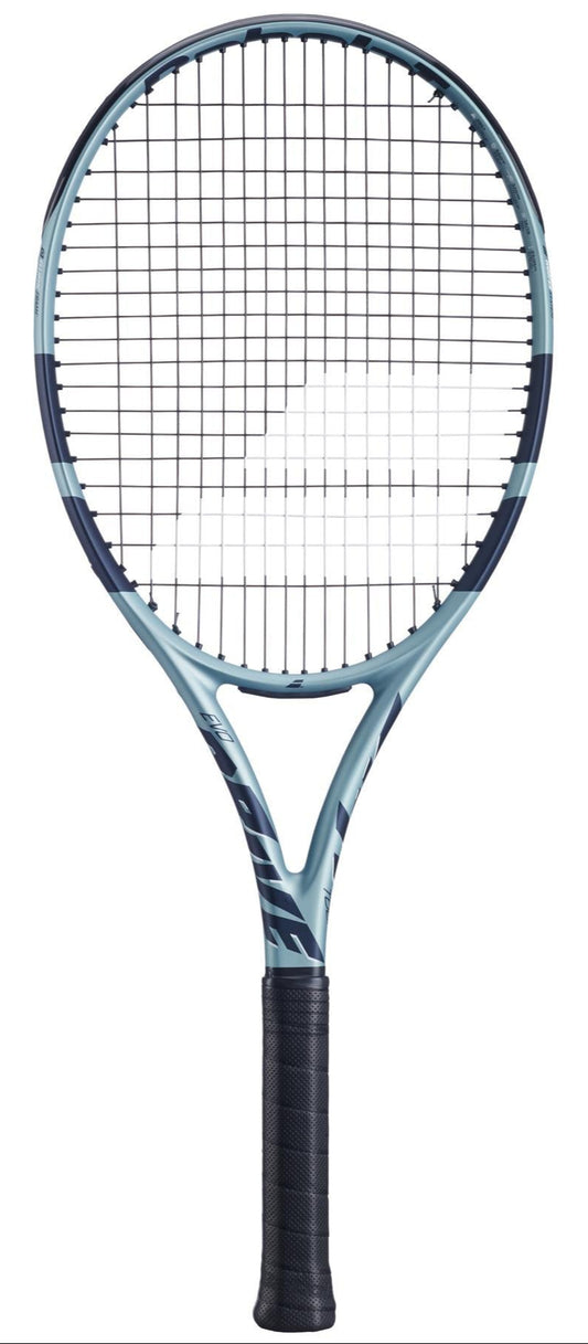 The Babolat EVO Drive Tour Gen 2 Tennis Racket - Blue showcases a stylish blue and black design on its handle and frame, visible strings, and a rounded head. It features an Air Handle Touch grip, all set against a white background.