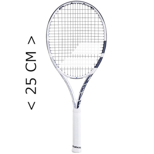 The Babolat Mini Pure Drive Wimbledon Racket is a collector's dream, showcasing a sleek white and blue frame with a white handle and netted string pattern. With its 25 cm frame, this racket makes an excellent souvenir for tennis enthusiasts.